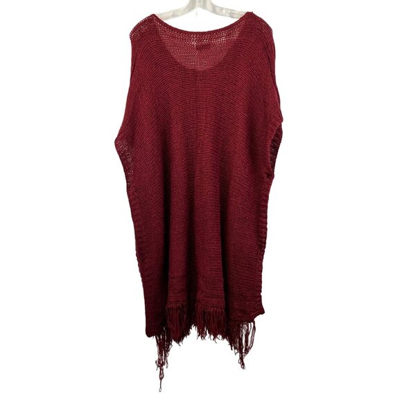 Bayberry Road Women’s Knit Poncho Sweater Half Sleeve Burgundy One Size Fringe - Picture 6 of 7
